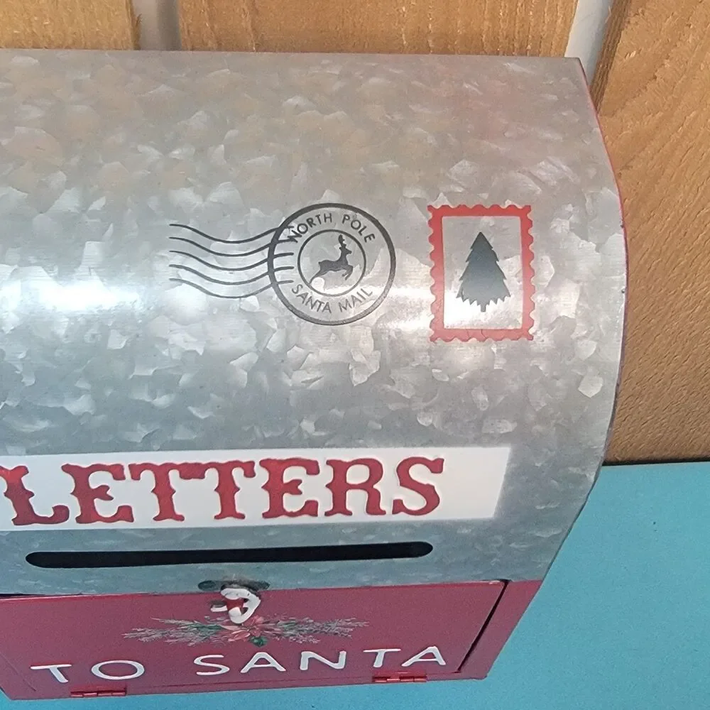 Letters To Santa Red Silver Metal Mailbox With Hanger North Pole Christmas